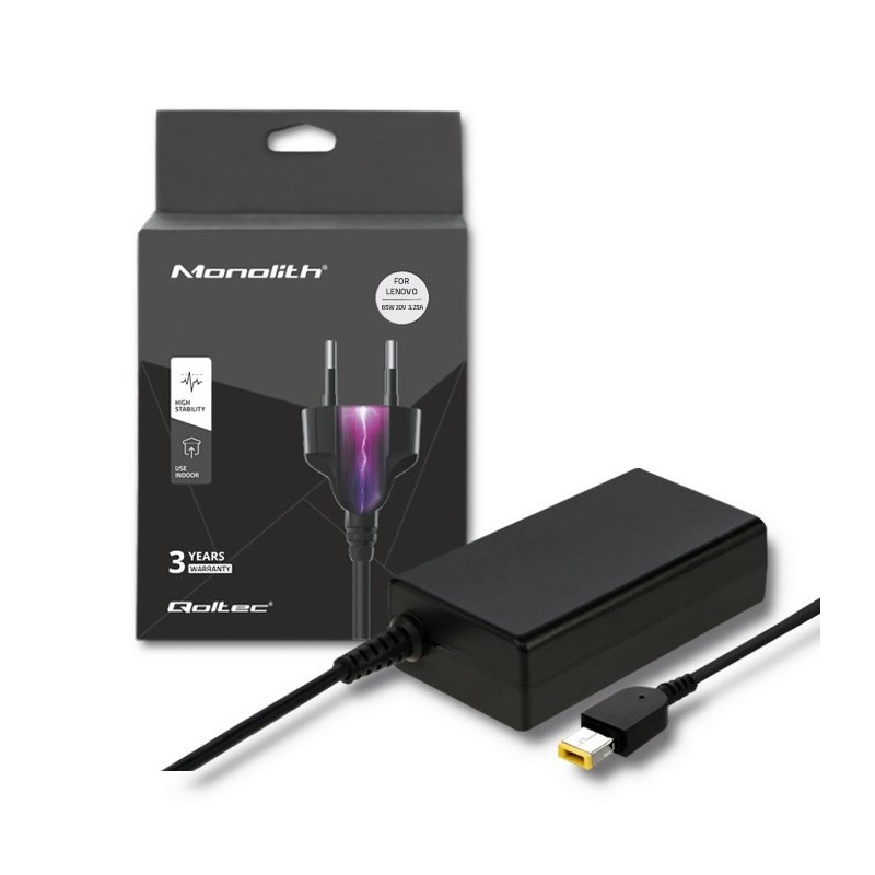 QOLTEC ZASILACZ DO LENOVO 65W | 20V | 3.25A | SLIM TIP+PIN | +KABEL ZASILAJĄCY