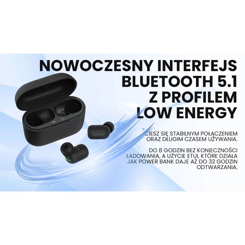 SAVIO BEZPRZEWODOWE SŁUCHAWKI BLUETOOTH 5.1 IPX5 TWS-09