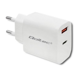 QOLTEC ŁADOWARKA SIECIOWA 18W | 5-12V | 1.5-3A | USB TYP C PD | USB QC 3.0 | BIAŁA