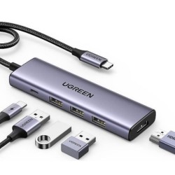 Ugreen Wielofunkcyjny HUB 5w1 USB-C - HDMI 1.4 / 3 x USB-A / USB-C PD 100W CM511 - szary