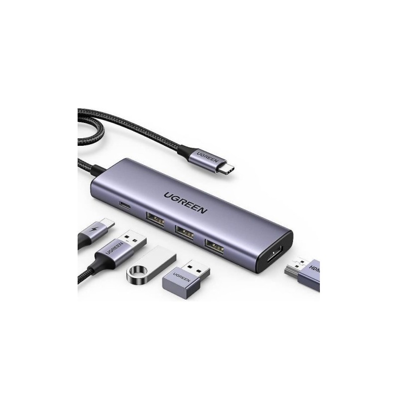Ugreen Wielofunkcyjny HUB 5w1 USB-C - HDMI 1.4 / 3 x USB-A / USB-C PD 100W CM511 - szary Ugreen Wielofunkcyjny HUB 5w1 USB-C - HDMI 1.4 / 3 x USB-A / USB-C PD 100W CM511 - szary