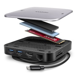 AXAGON HMC-UFO USB-C Hub, M.2 SATA/NVMe, 1 Gbit/s Ethernet, 384 kHz Audio - schwarz/silber