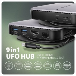 AXAGON HMC-UFO USB-C Hub, M.2 SATA/NVMe, 1 Gbit/s Ethernet, 384 kHz Audio - schwarz/silber