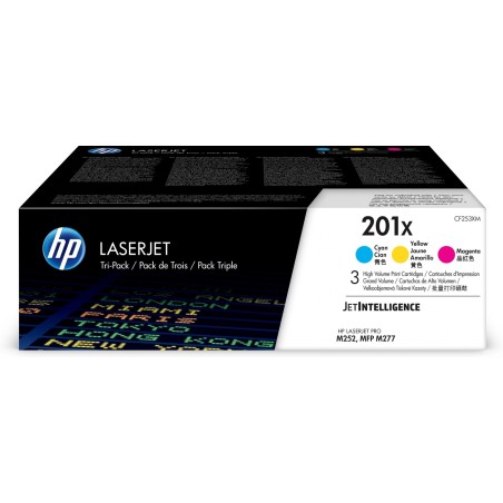 HP 201X – zestaw 3 oryginalnych wkładów z tonerem LaserJet XL, błękitny/purpurowy/żółty