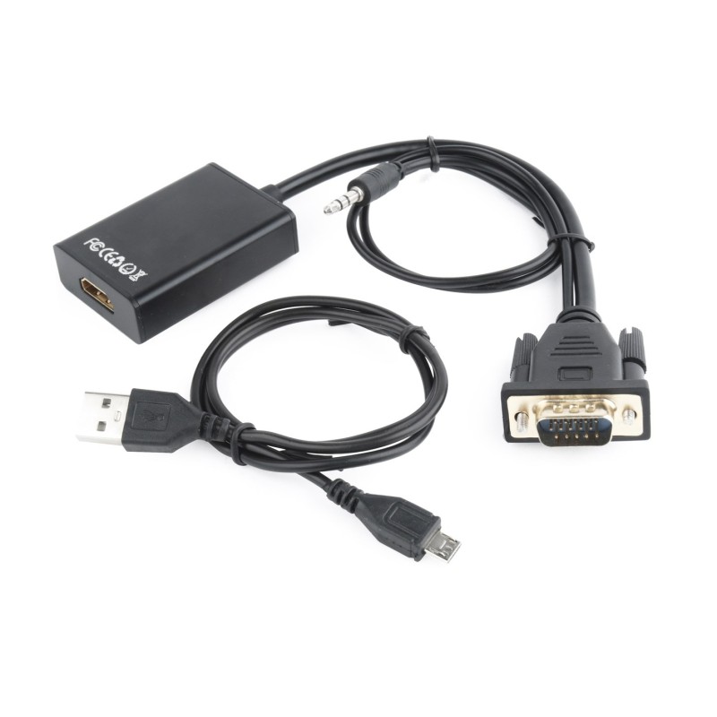 Adapter GEMBIRD A-VGA-HDMI-01 (HDMI F - D-Sub (VGA), Jack stereo 3,5 mm, USB 2.0 M 0,15m kolor czarny)