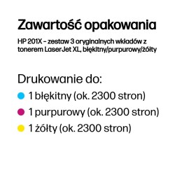 HP 201X – zestaw 3 oryginalnych wkładów z tonerem LaserJet XL, błękitny/purpurowy/żółty