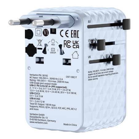 Uniwersalny zasilacz podróżny VERBATIM Charge 'N' Travel 100 W ze zwijanym kablem niebieski