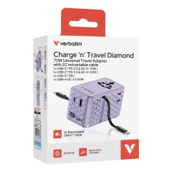 VERBATIM CHARGE 'N' TRAVEL 70W 2C CHOWANY UNIWERSALNY ADAPTER PODRÓŻNY FIOLETOWY