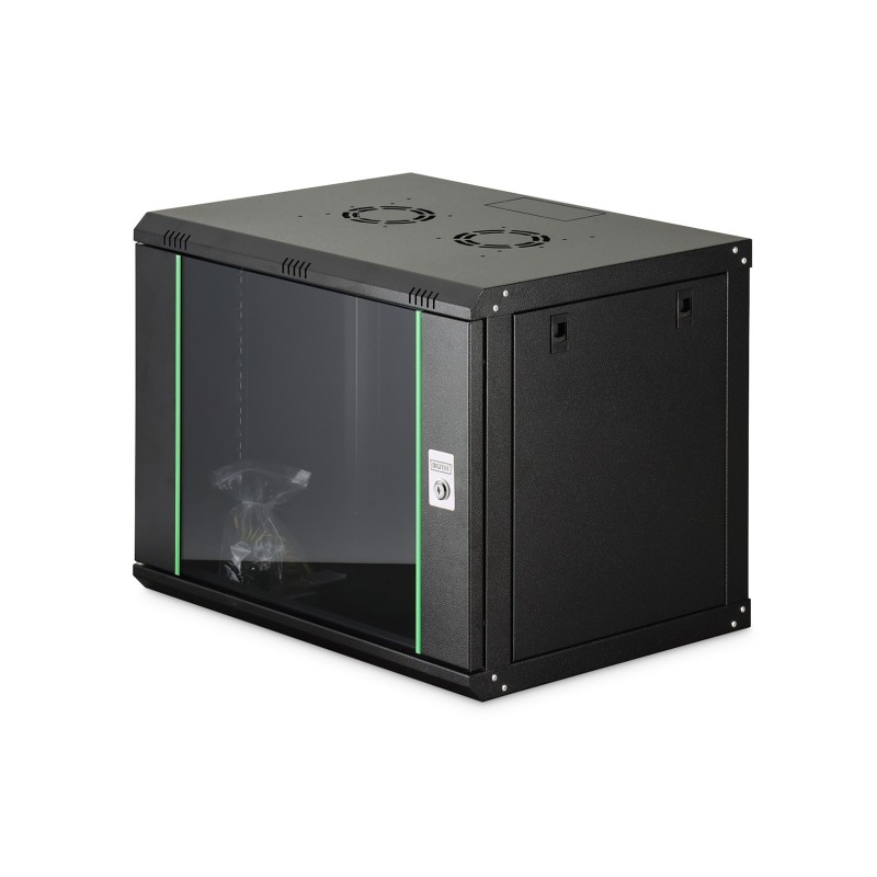 Szafa sieciowa wisząca DYNAmic 19" 9U rack 600x450, drzwi szyba, czarny, niedzielona, złożona, 60kg