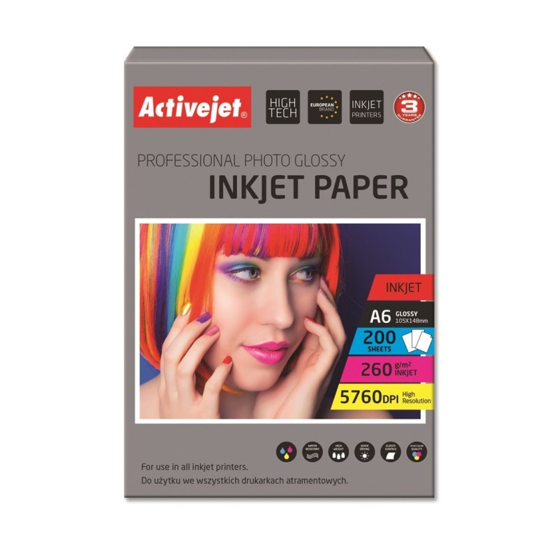 Activejet AP6-260GR200 Papier fotograficzny błyszczący idealny do wydrukowania zdjęć, kolorowego wspomnienia, 10x15 (A6 200