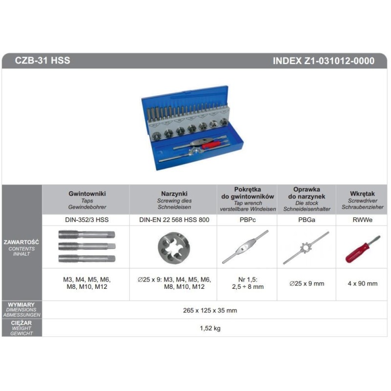 FANAR GWINTOWNIKI+NARZYNKI kpl. 31cz M3-M12, CZB-31 INOX...