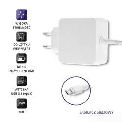 Qoltec 50194 Zasilacz sieciowy 45W | 5-20V | 2-3A | USB C |PD | Biała