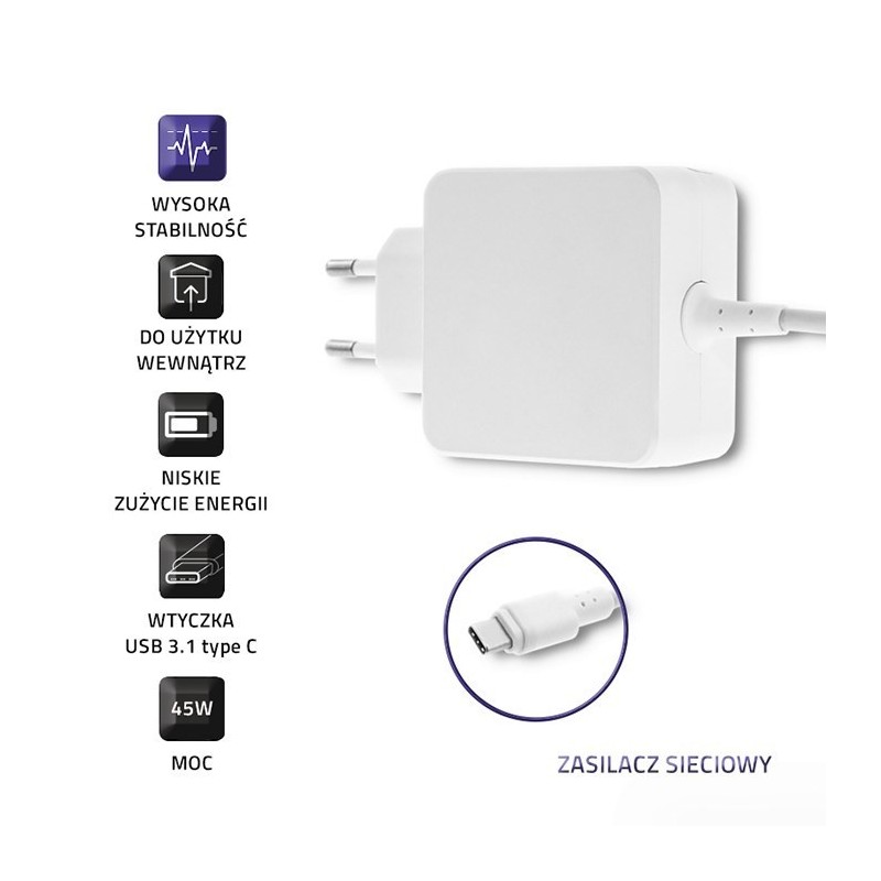 Qoltec 50194 Zasilacz sieciowy 45W | 5-20V | 2-3A | USB C |PD | Biała