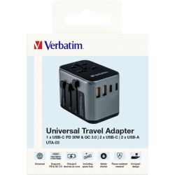 Adaptery wtyczek zasilających Verbatim UTA-03 globalny 1xUSB-C PD 30W QC 18W, 1xUSB-C 15W, 2xUSB-A 12W