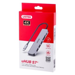 UNITEK HUB USB-C 7W1, HDMI 4K, PD 100W, 5GBPS, ALU