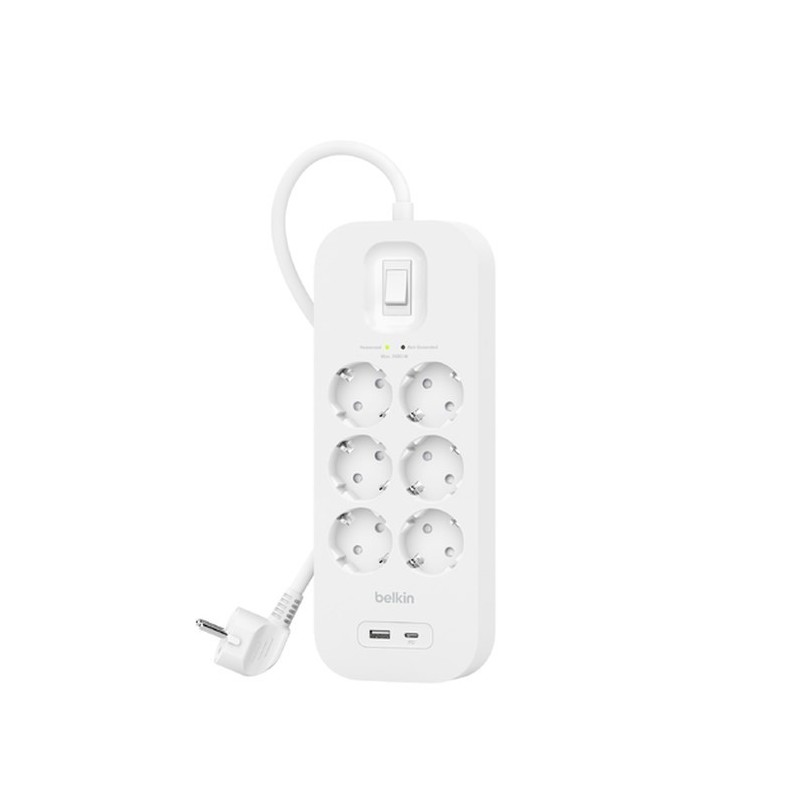 Listwa zasilająca Belkin Power Surge 6-PORT + 1xUSB-A +1xUSB-C 2.4A PD 650J 2m White Schuko Listwa zasilająca Belkin Power Surge 6-PORT + 1xUSB-A +1xUSB-C 2.4A PD 650J 2m White Schuko