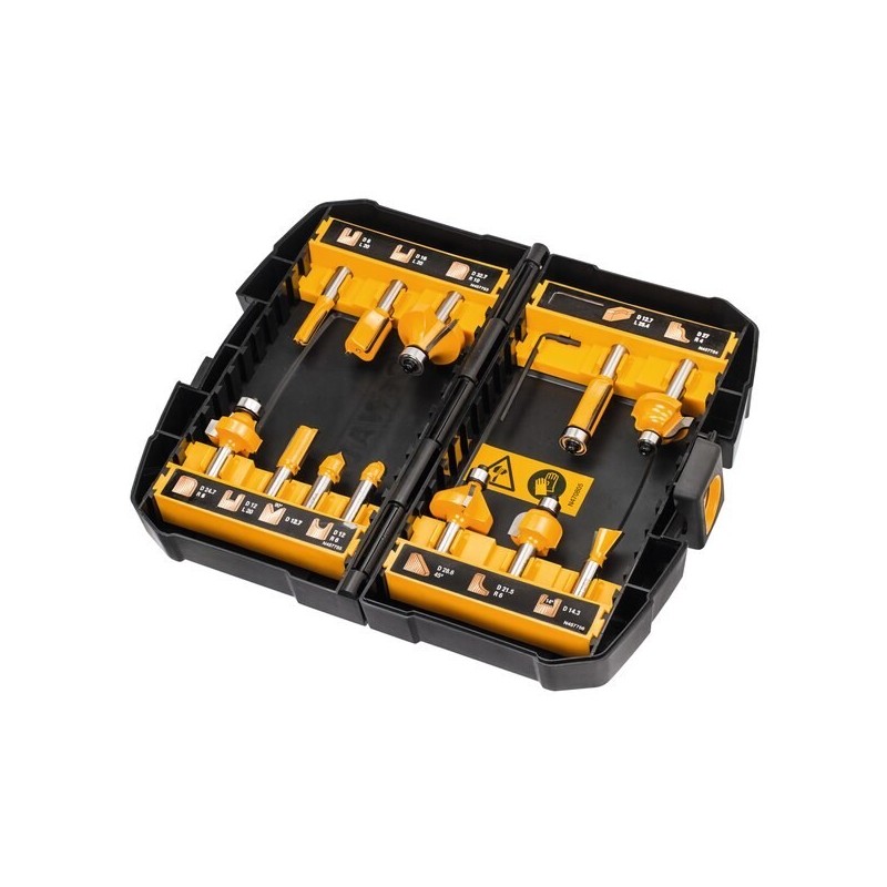 DeWalt Zestaw profesjonalnych frezów do drewna 8mm 12szt. DT90016 DeWalt Zestaw profesjonalnych frezów do drewna 8mm 12szt. DT90016