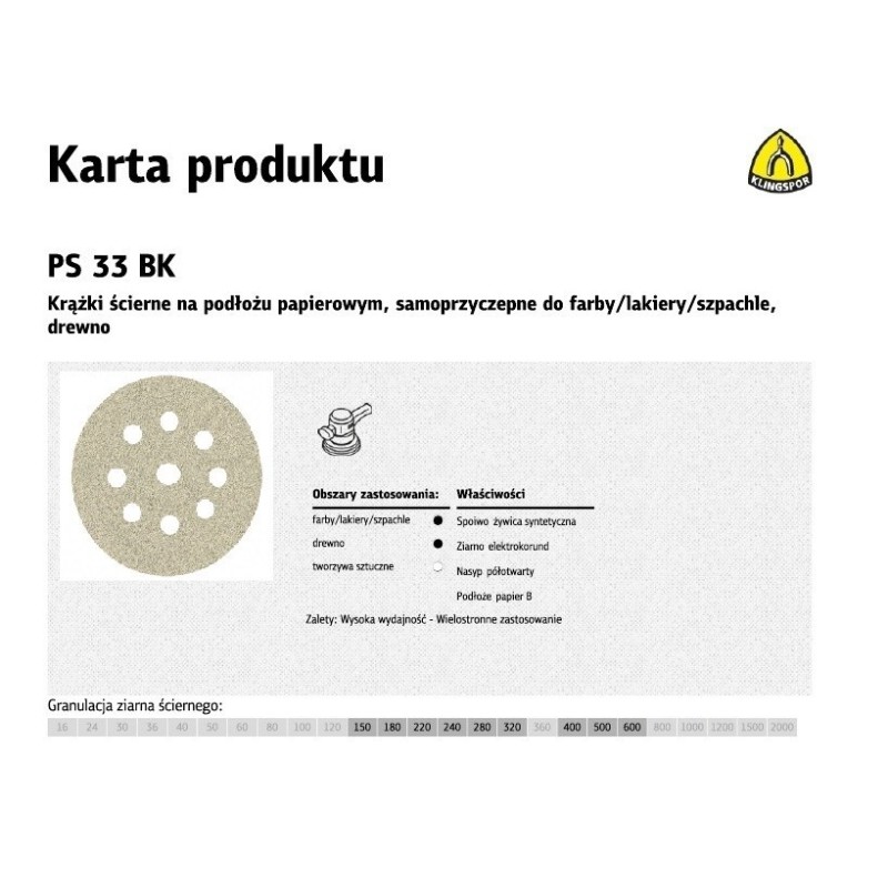 KLINGSPOR KRĄŻEK ŚCIERNY SAMOPRZYCZEPNY 225mm PS33BK gr.120 GLS38 /50szt.